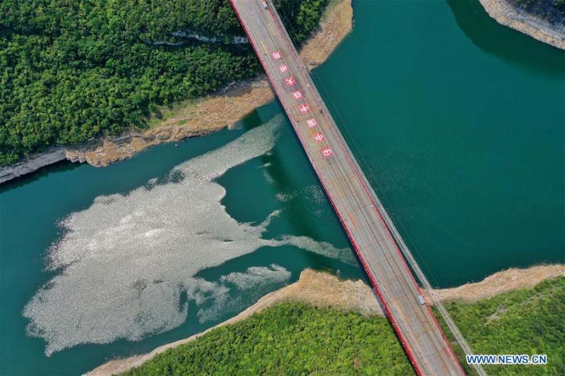 Le pont sur la rivière Feilonghu Wujiang en construction dans le Guizhou