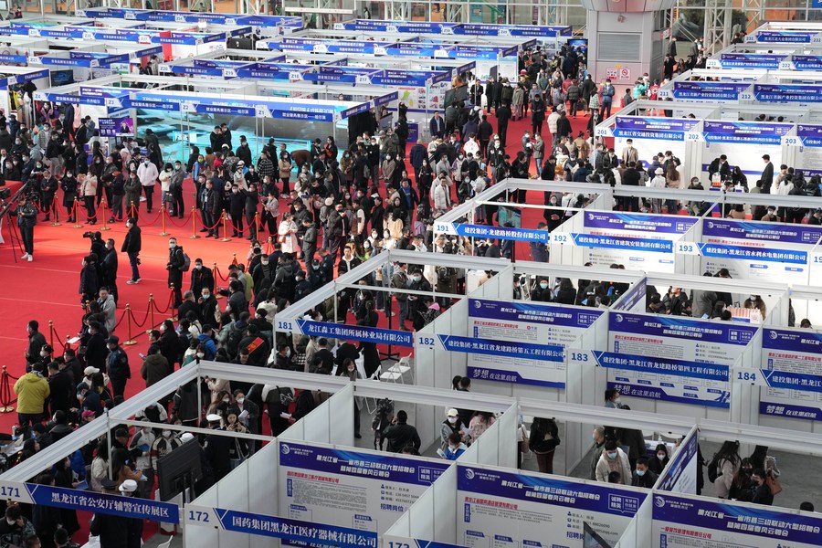 Photo prise le 18 mars 2023 montrant une vue d'un salon de l'emploi à Harbin, dans la province chinoise du Heilongjiang (nord-est). (Photo : Wang Jianwei)