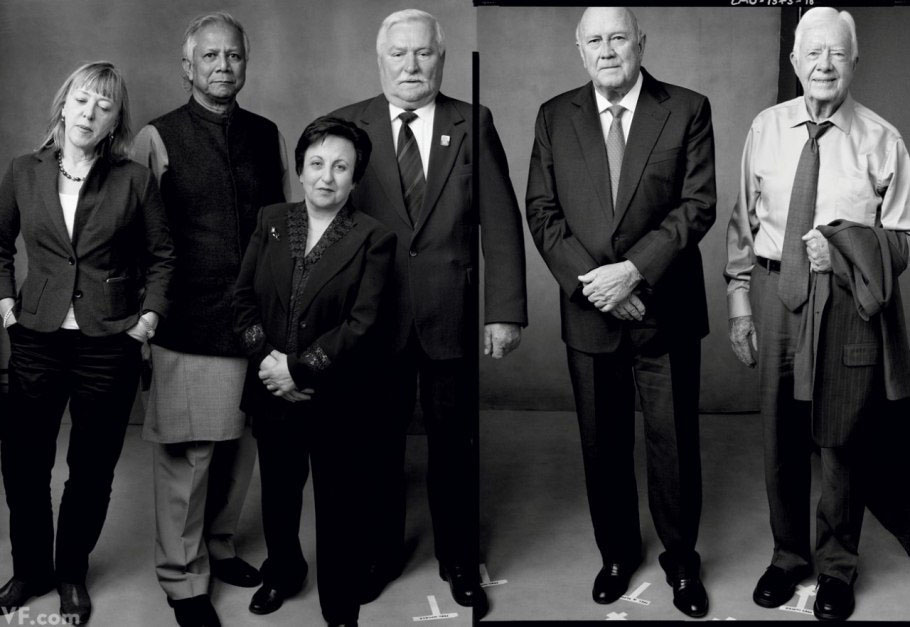 Les lauréats du Prix Nobel de la paix de ces dernières années : Jody Williams, Muhammad Yunus, Shirin Ebadi, Lech Walesa, F. W. de Klerk, Jimmy Carter (de gauche à droite) (Photo : Annie Leibovitz)