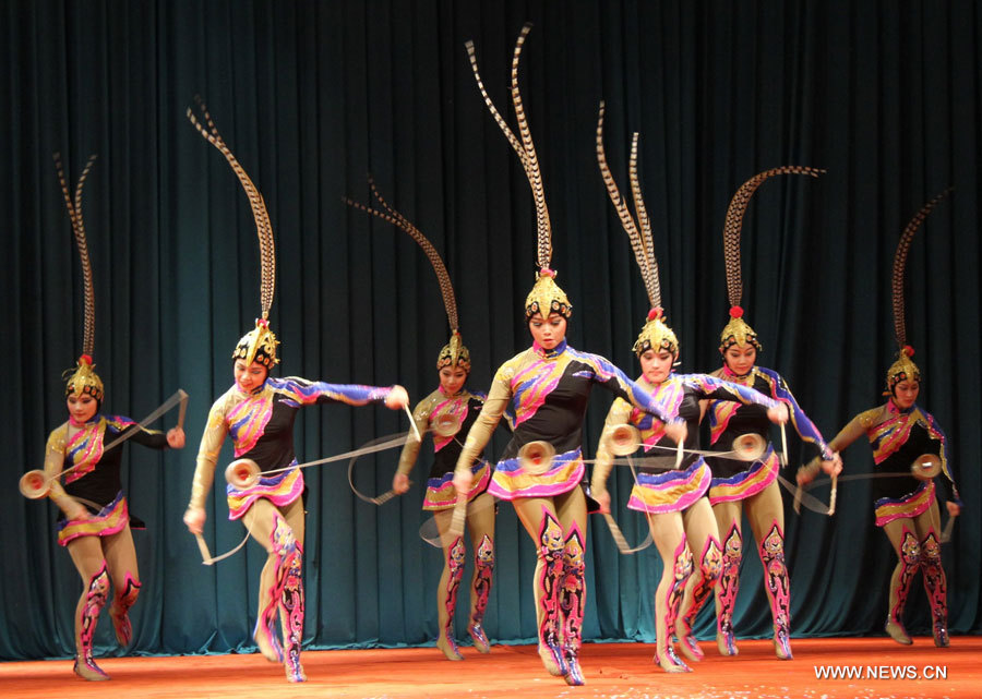 Des acrobates chinois donnent un spectacle à Brazzaville, capitale de la République du Congo, le 19 mars 2013. ''Expérimenter la Chine", une série d'activités de culture chinoise organisée par le Bureau de l'information du Conseil des affaires d'Etat de Chine, a débuté mardi au Congo-Brazzaville.