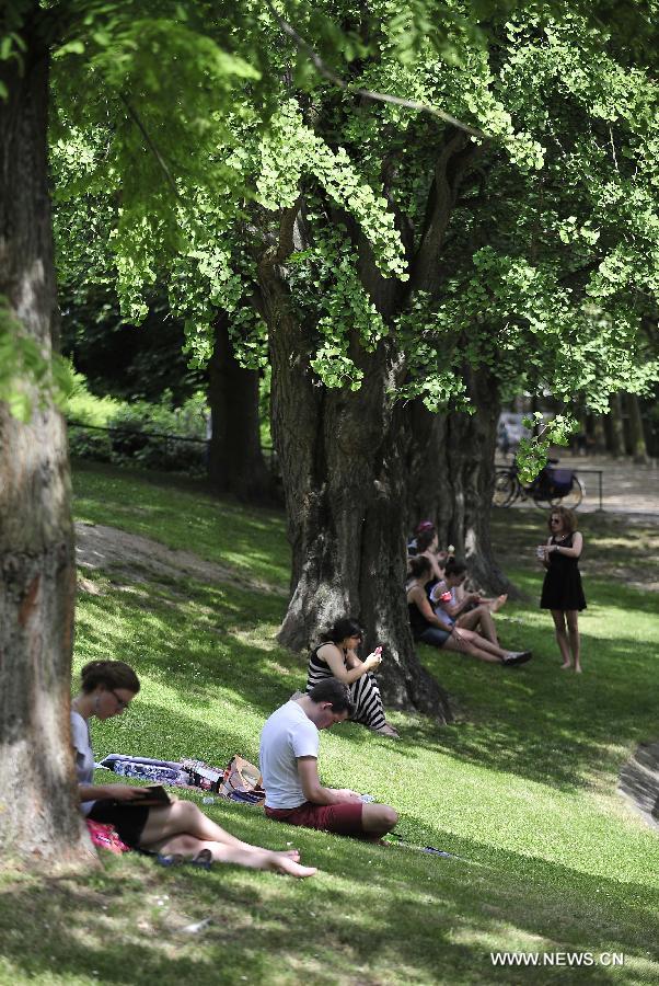 Les étudiants étudient dans un parc près de l'Université catholique de Louvain, à Louvain, en Belgique, le 18 juin 2013.La température a atteint 31°C, la plus haute depuis cette année, suivi d'un hiver et printemps aussi froid et humide. (Xinhua/Ye Pingfan)