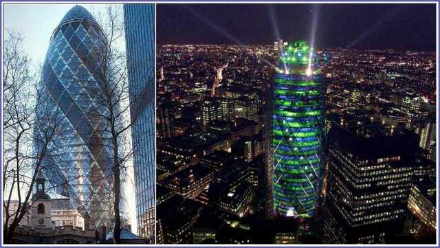 2. Le 30 St. Mary AxeVille : Londres, AngleterreIl s'agit du deuxième plus haut immeuble de la City de Londres. Ce batiment inauguré en 2004 est surnommé the Gherkin (cornichon) en raison de son apparence. Sa forme suggestive lui a également valu le sobriquet de Towering Innuendo (sous-entendu imposant).